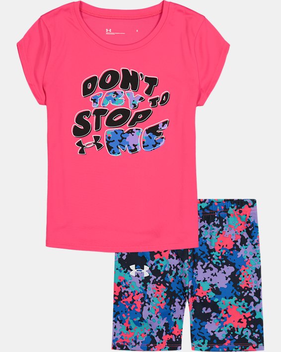 Girls' Pre-School UA Don't Stop Me Short Sleeve & Bike Shorts Set, Pink, pdpMainDesktop image number 0